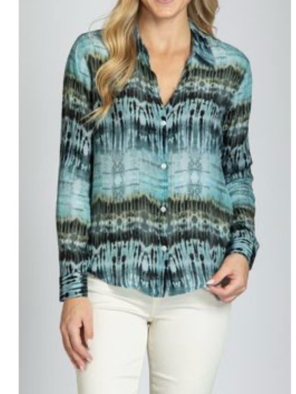Long-Sleeve Teal Patterned Button-Front Blouse Cupro Blend